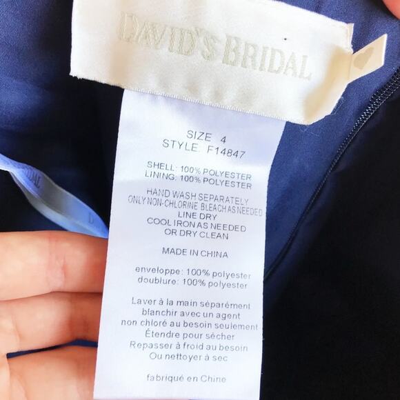 David's Bridal Short Crinkle Chiffon Dress Front Cascade Navy Strapless Mini - Picture 10 of 13